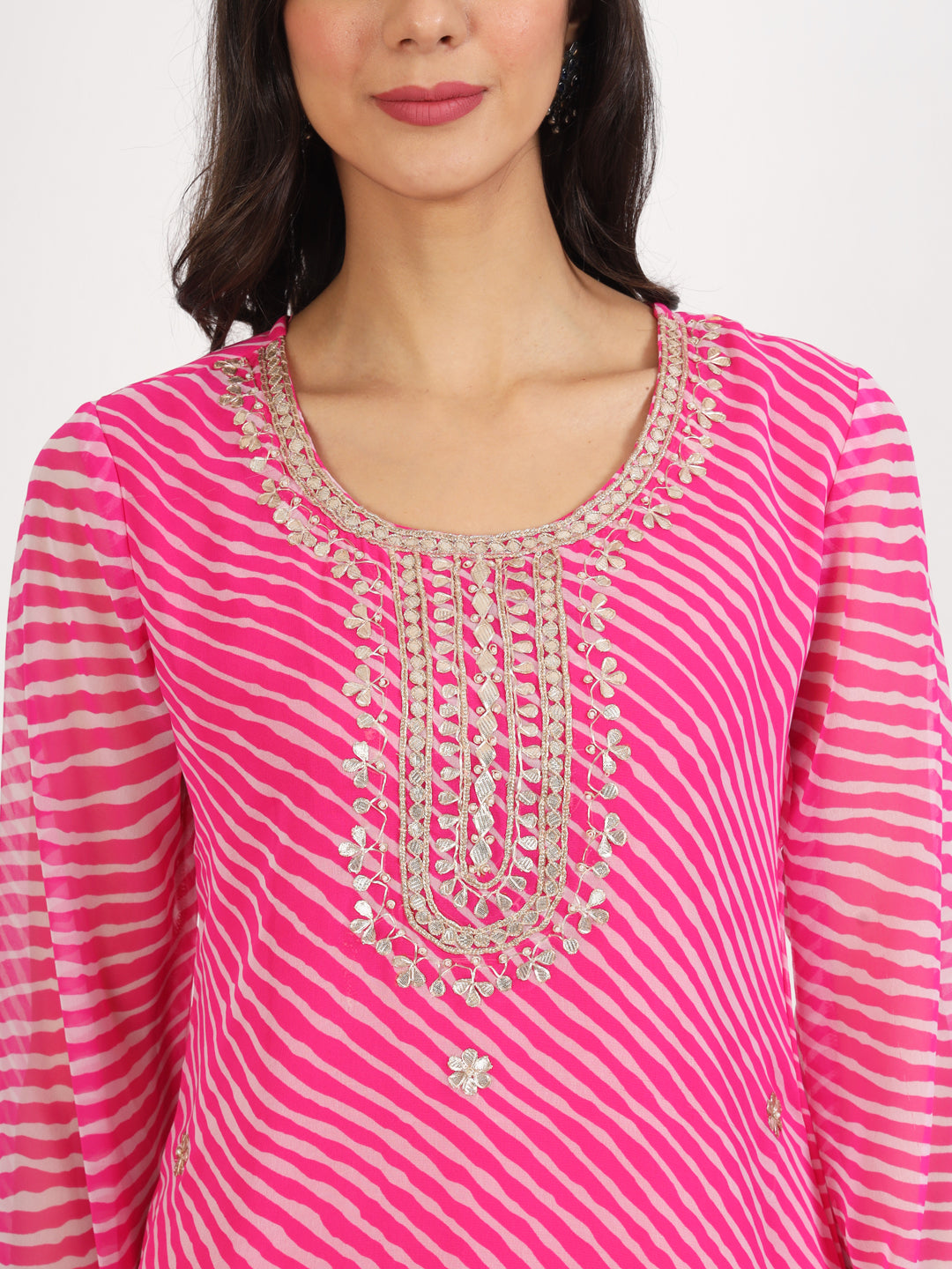 Divena Pink Leheriya Gotta Patti Work Geogratte Round Neck Top