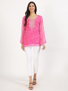 Divena Pink Leheriya Gotta Patti Work Geogratte Round Neck Top