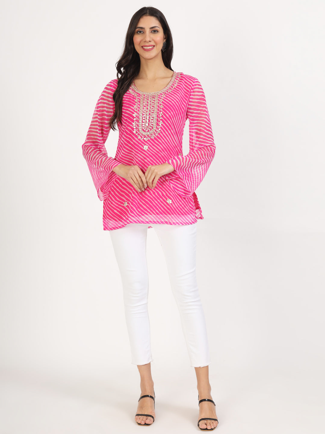 Divena Pink Leheriya Gotta Patti Work Geogratte Round Neck Top