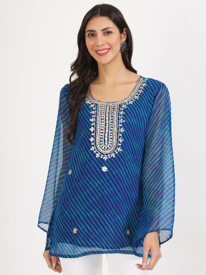 Divena Blue Leheriya Gotta Patti Work Geogratte Round Neck Top