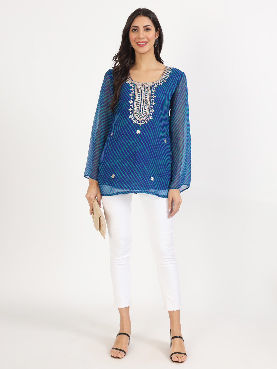 Divena Blue Leheriya Gotta Patti Work Geogratte Round Neck Top