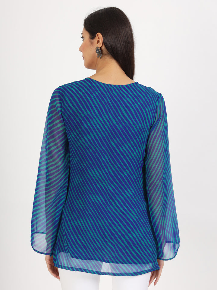 Divena Blue Leheriya Gotta Patti Work Geogratte Round Neck Top