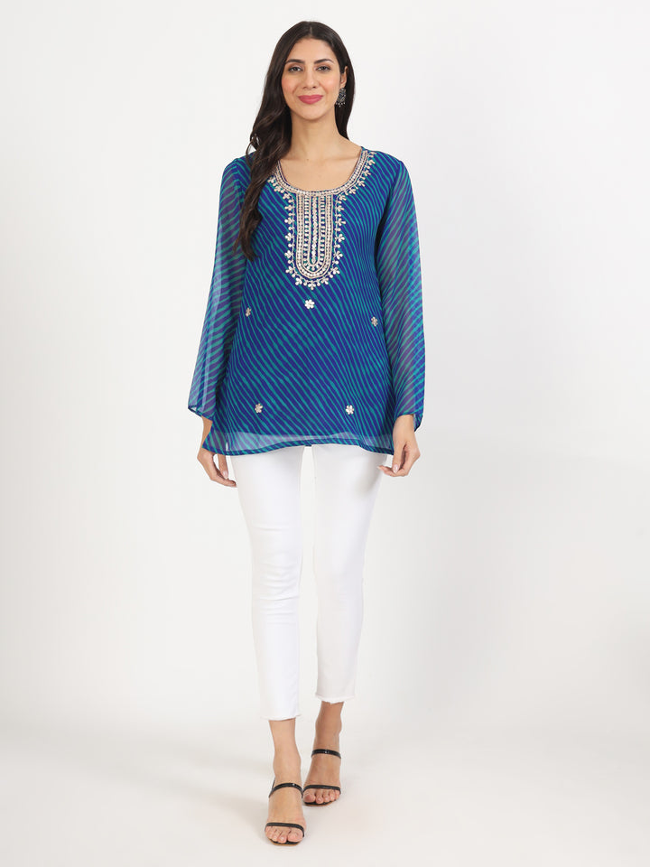 Divena Blue Leheriya Gotta Patti Work Geogratte Round Neck Top