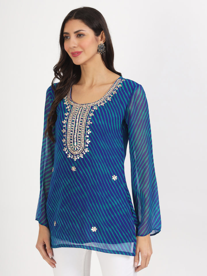 Divena Blue Leheriya Gotta Patti Work Geogratte Round Neck Top