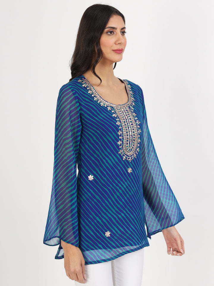 Divena Blue Leheriya Gotta Patti Work Geogratte Round Neck Top
