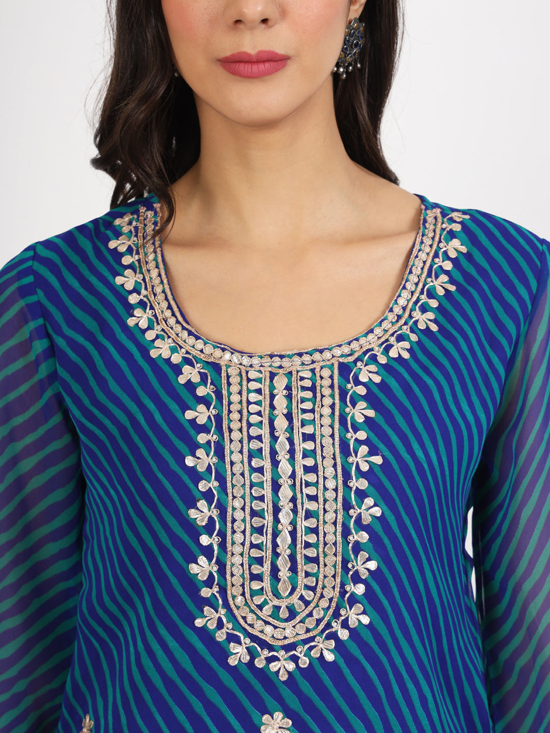Divena Blue Leheriya Gotta Patti Work Geogratte Round Neck Top