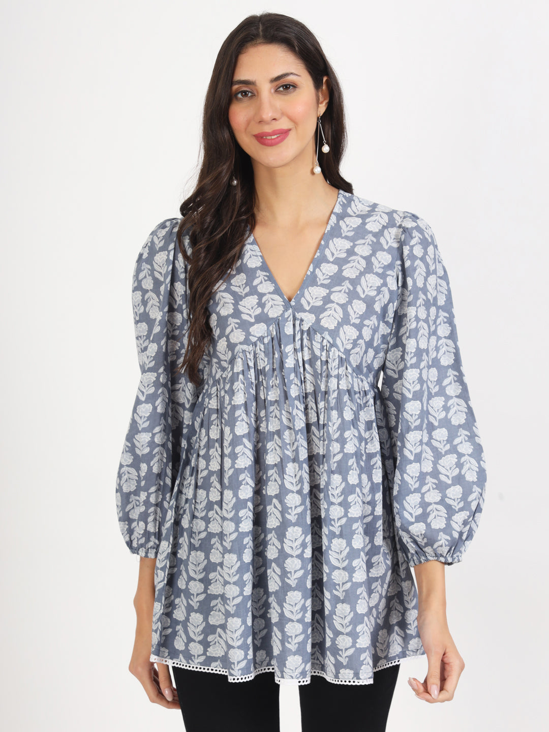 Grey White Floral Printed Cotton Top — view 1