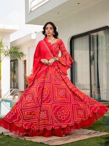 Divena Bandhani Printed Cotton Lehenga & Blouse With Dupatta