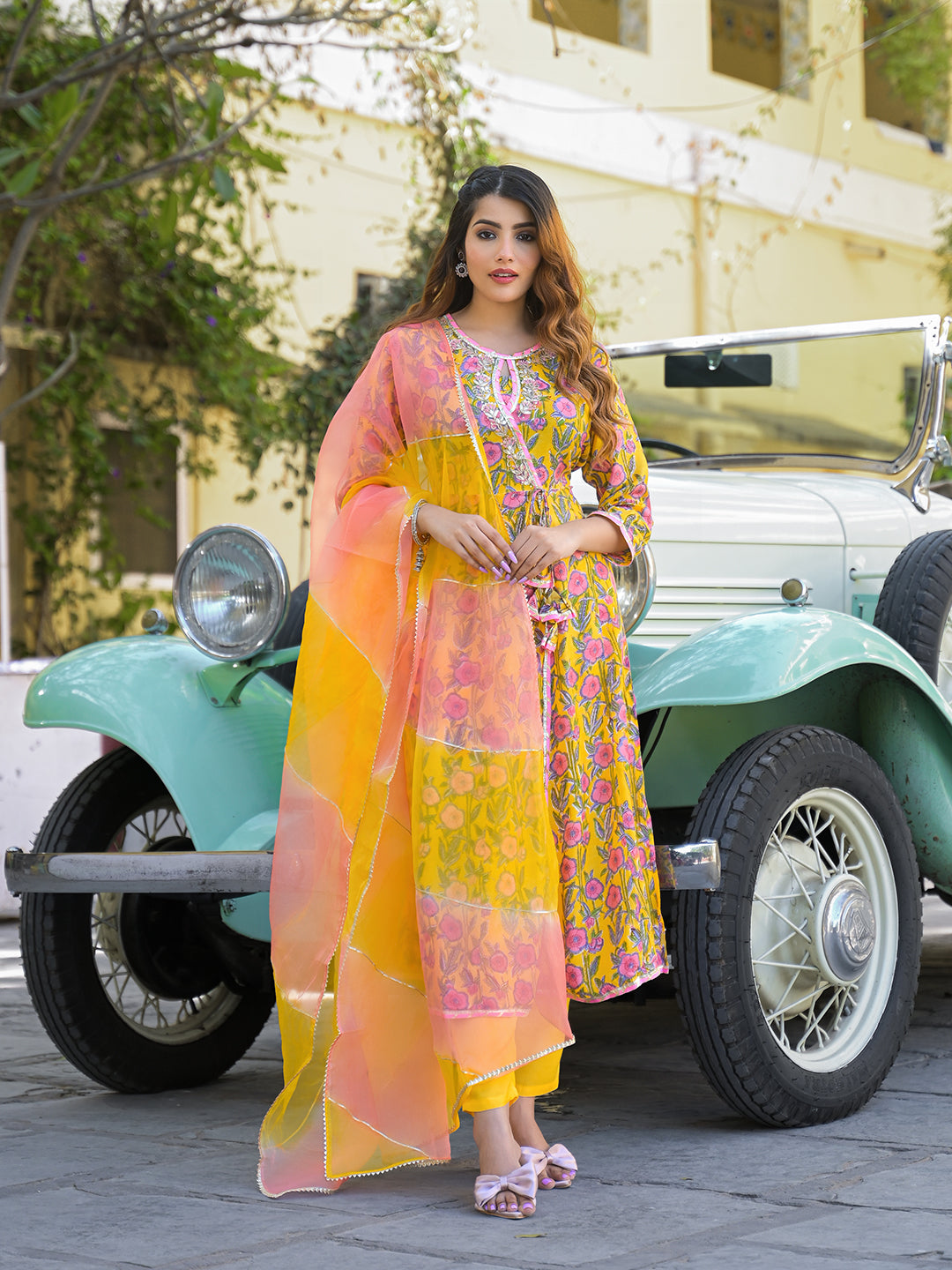 Yellow Floral Printed Muslin Kurta Pant with Dupatta — view 1