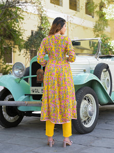 Divena Yellow Floral Printed Muslin Kurta Pant with Dupatta