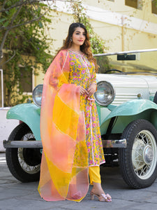 Divena Yellow Floral Printed Muslin Kurta Pant with Dupatta