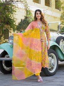 Divena Yellow Floral Printed Muslin Kurta Pant with Dupatta