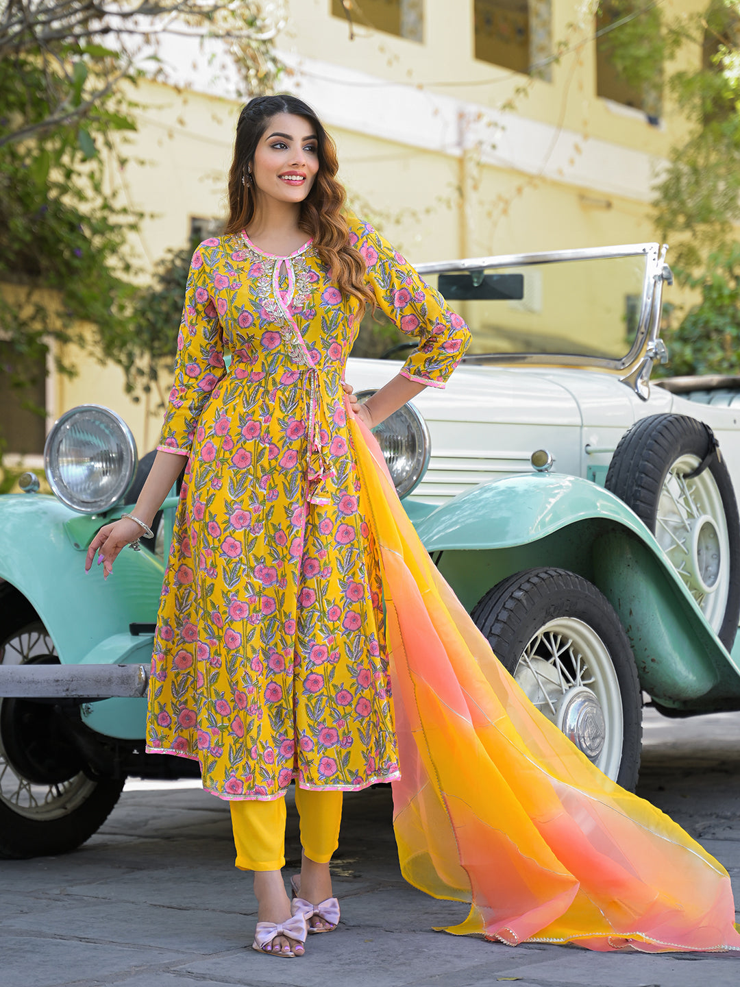 Divena Yellow Floral Printed Muslin Kurta Pant with Dupatta