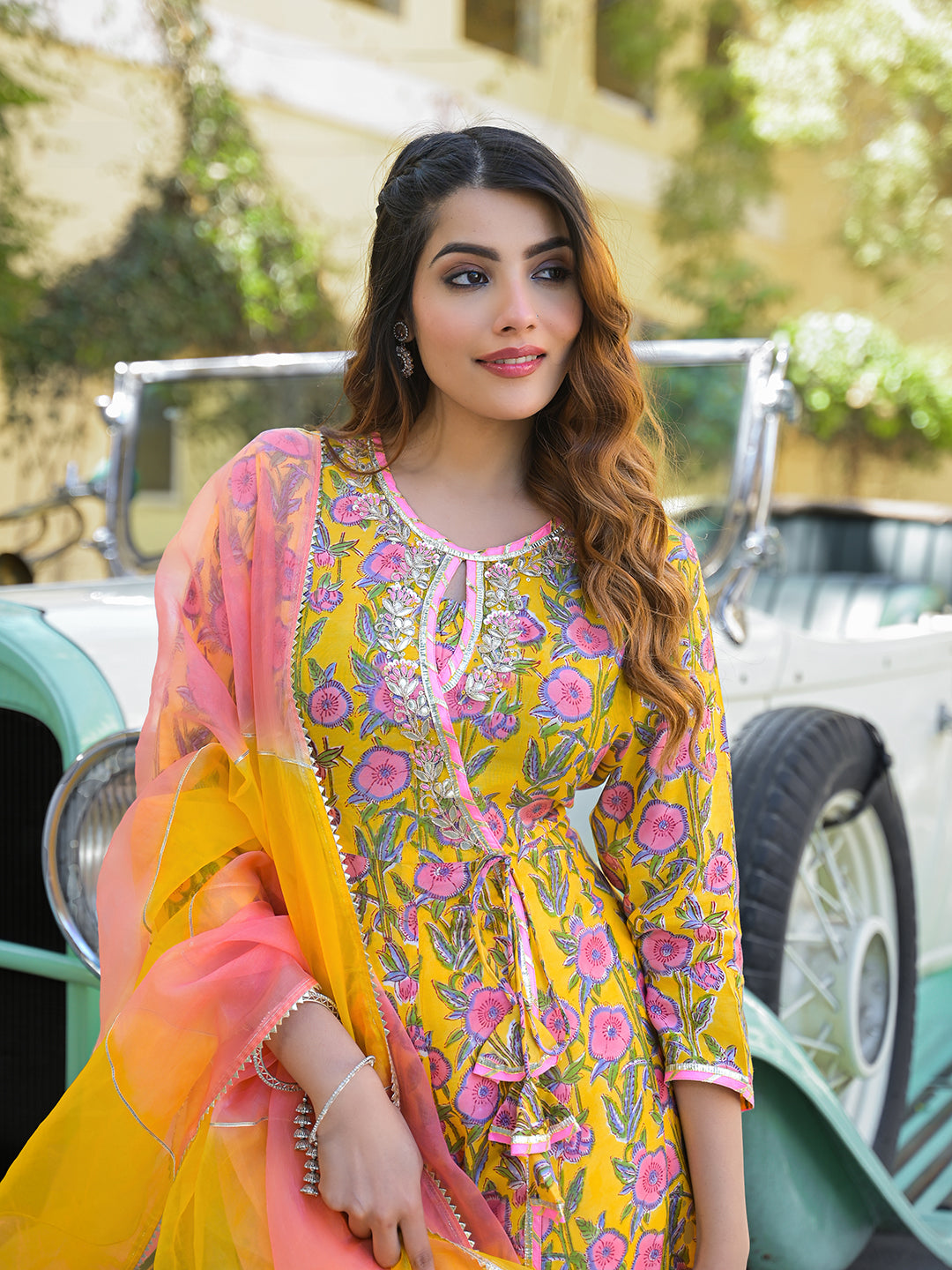 Divena Yellow Floral Printed Muslin Kurta Pant with Dupatta