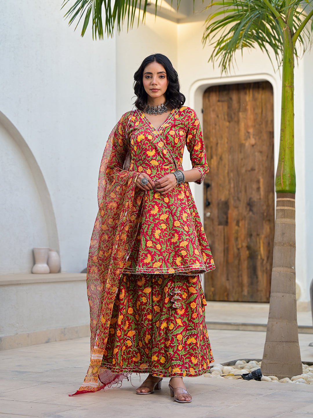 Maroon Floral Print Cotton Angarkha Kurta Gharara Set for women — view 1