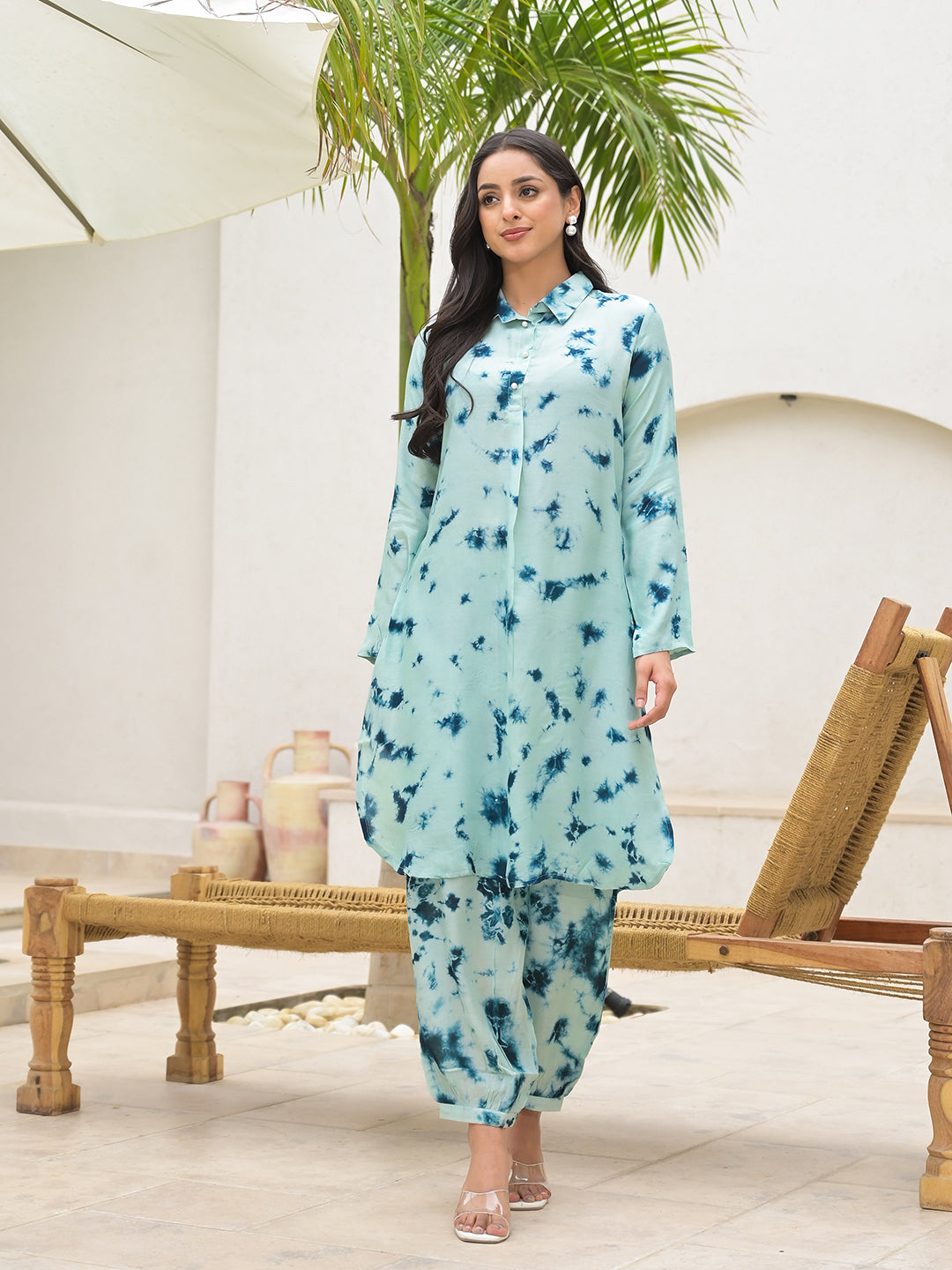 Tie Dye Green Muslin Co-ord Set for Women — view 1