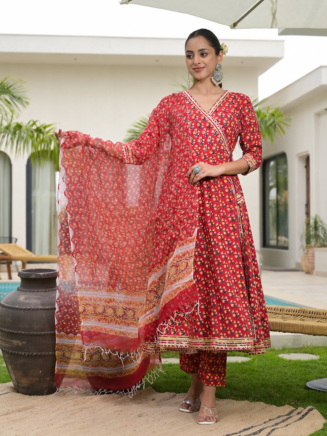 Red Floral Printed Round Neck Pure Cotton Anarkali Kurta With Trousers & Dupatta — view 1