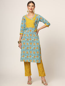 Divena Blue Floral Print Cotton Straight fit Kurta Set