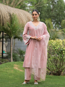 Divena Pink Embroidered Velvet Kurta Pant Dupatta Set