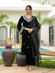 Divena Embroidered Black Velvet Kurta Pant Dupatta Set for Women