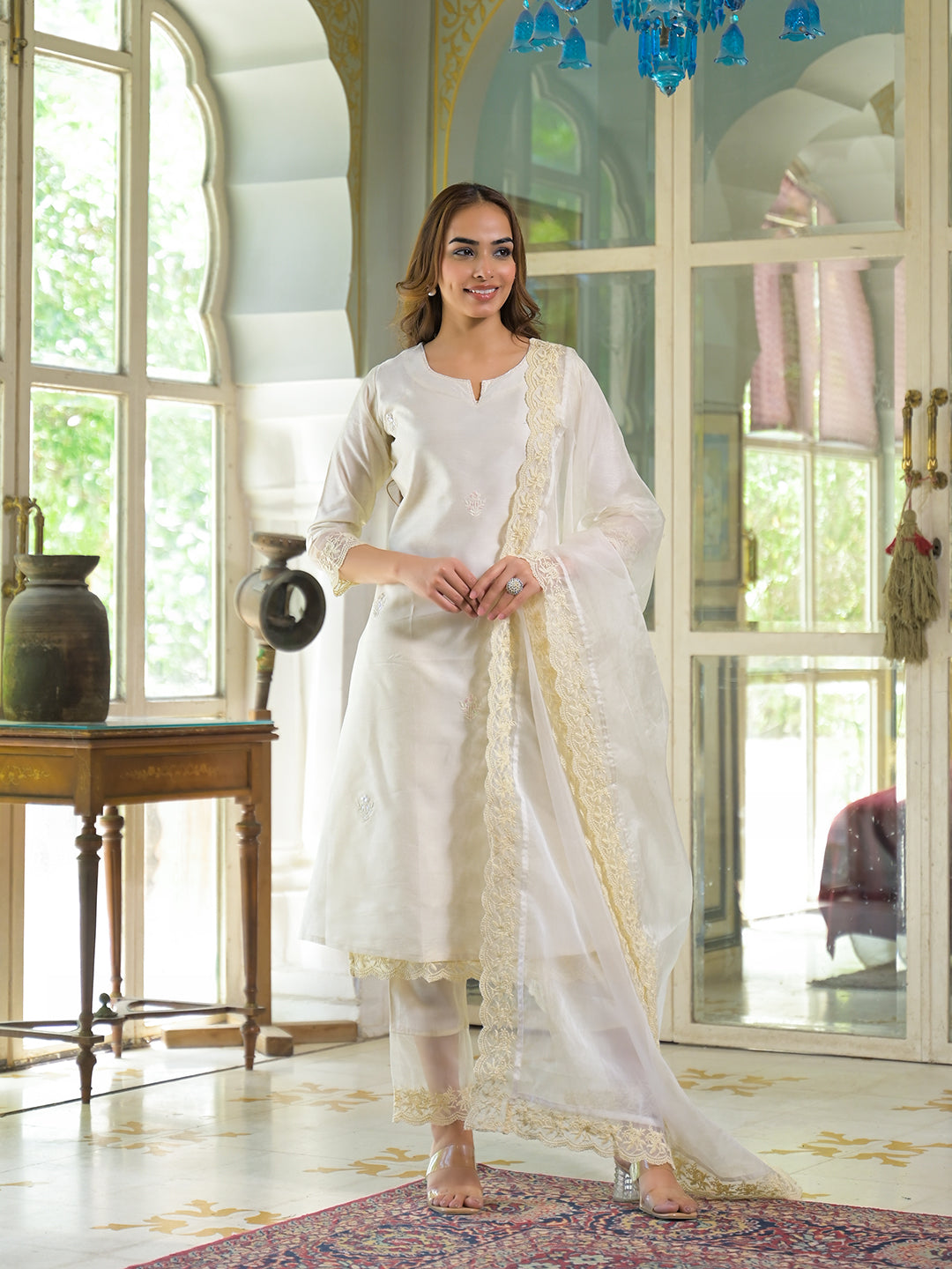 Cream Chanderi Kurta Pant With Dupatta — view 1