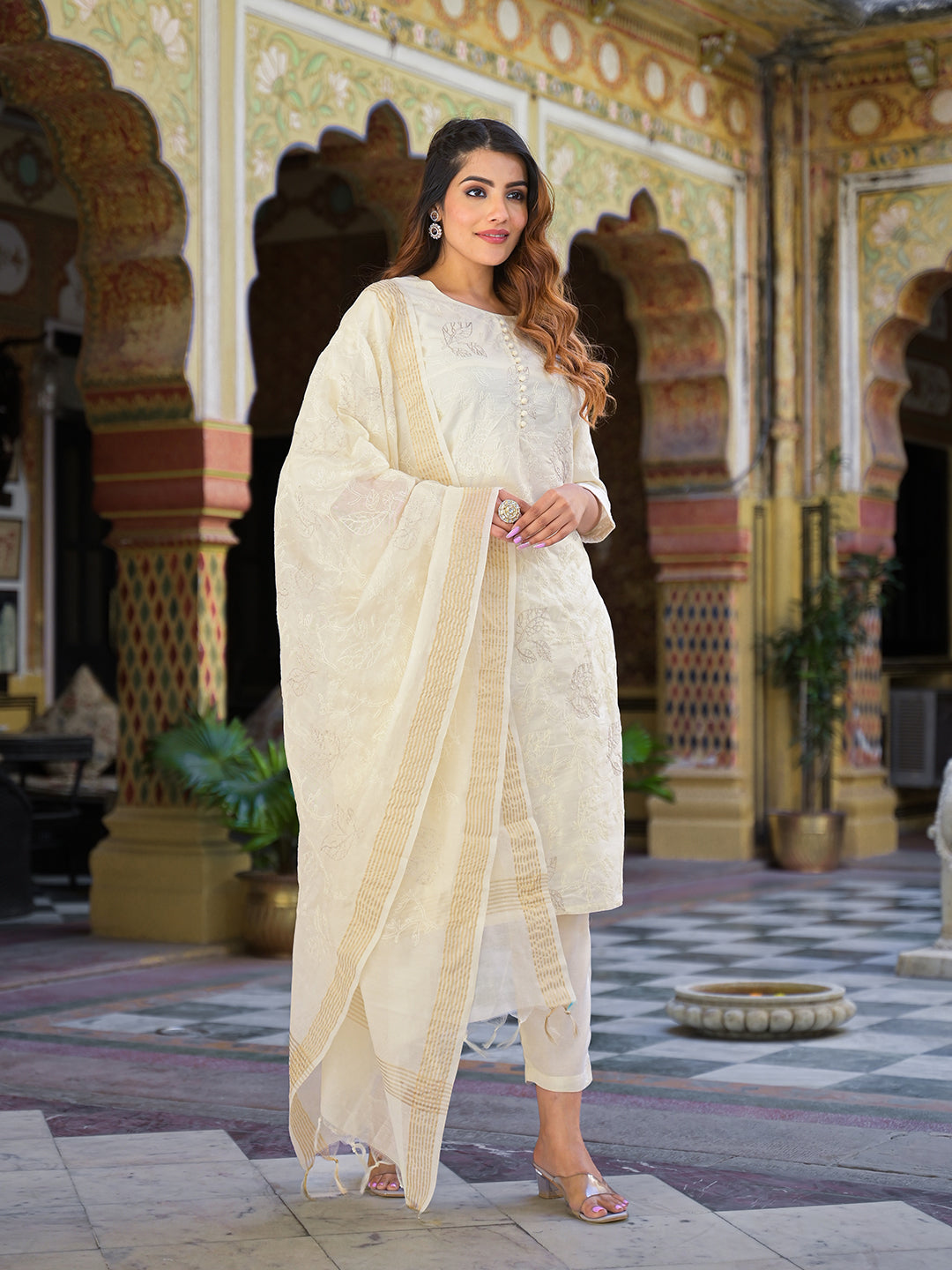 Divena Cream Solid Chanderi Silk kurta Pant With Dupatta