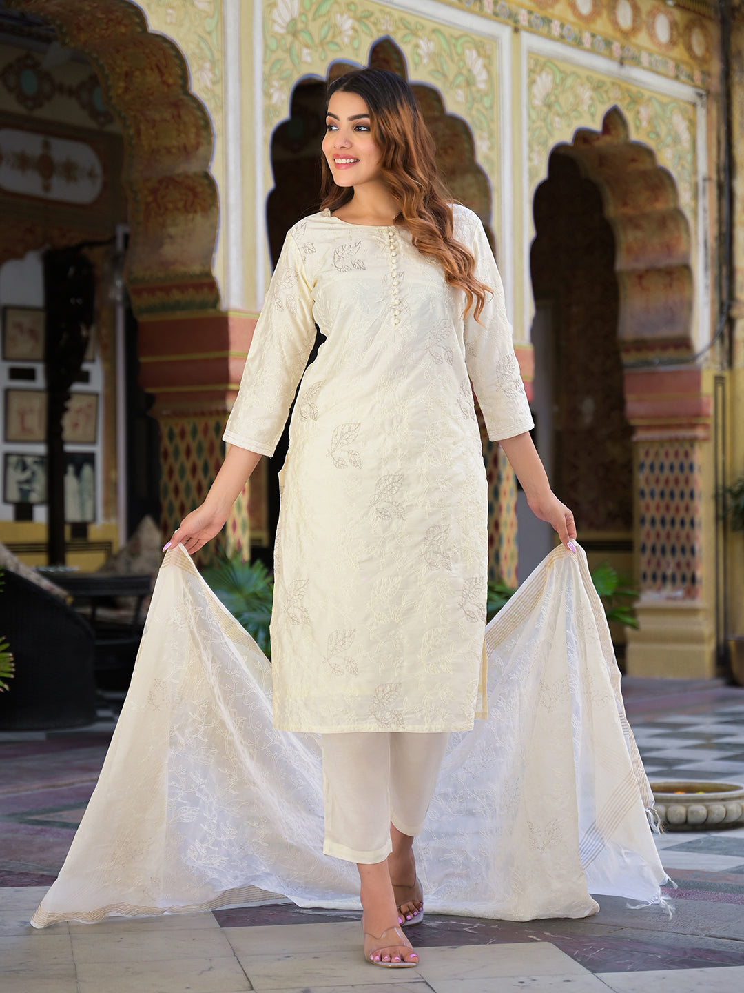 Divena Cream Solid Chanderi Silk kurta Pant With Dupatta