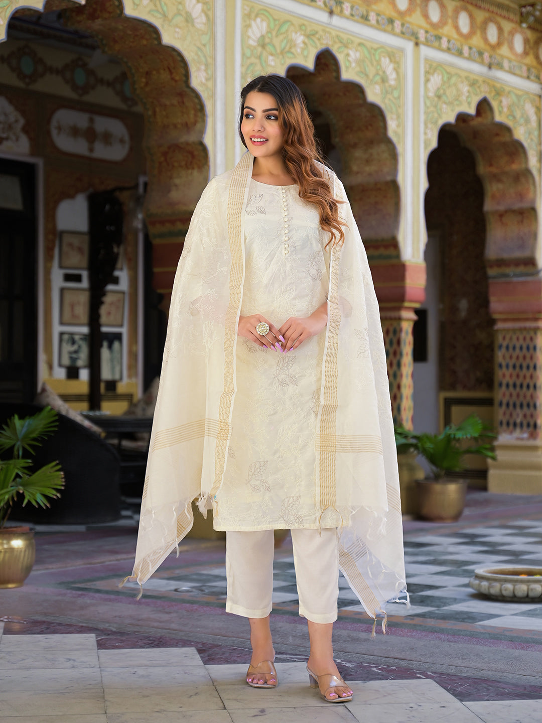 Divena Cream Solid Chanderi Silk kurta Pant With Dupatta