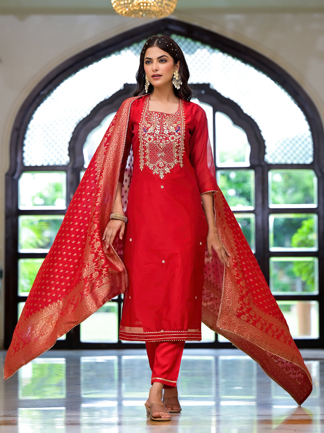 Divena Red Embroidered Chanderi Silk Kurta pants with Banarashi Dupatta