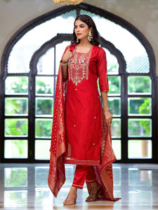 Divena Red Embroidered Chanderi Silk Kurta pants with Banarashi Dupatta