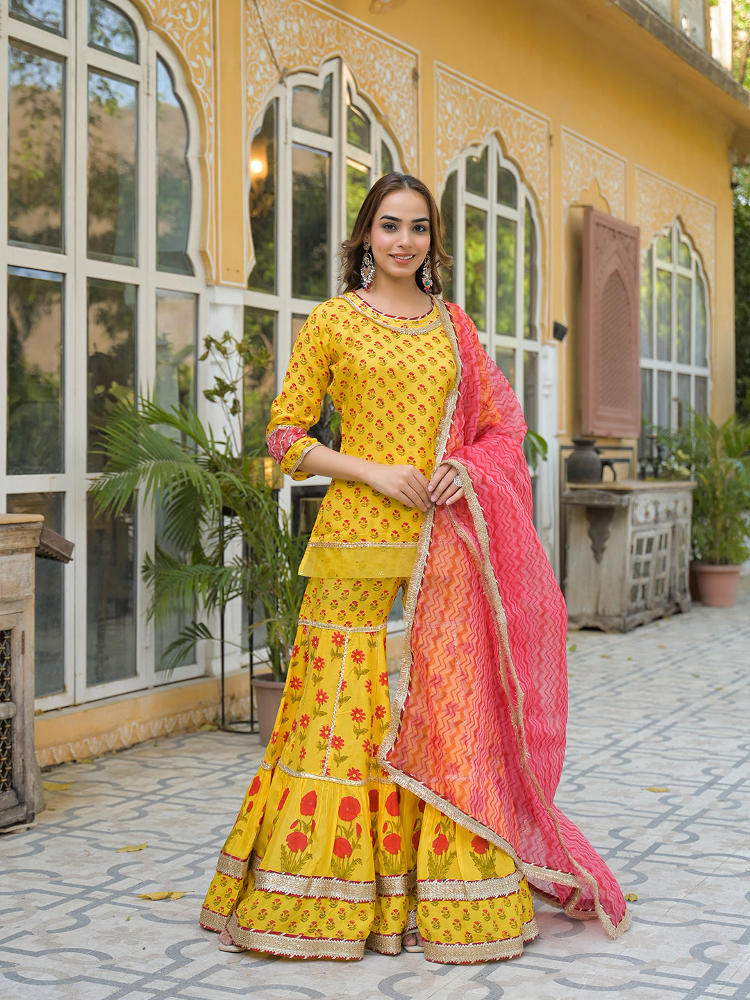 Yellow Muslin Kurti Sharara with Dupatta — view 1