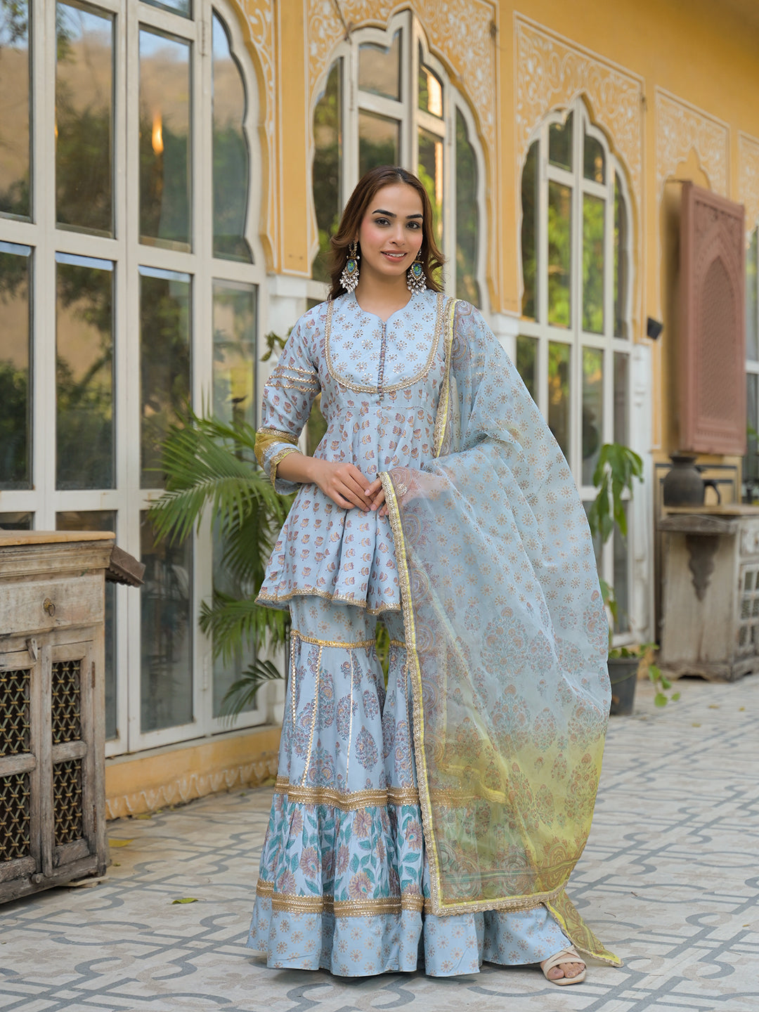 Sky Blue Muslin Kurti Sharara with Dupatta — view 1