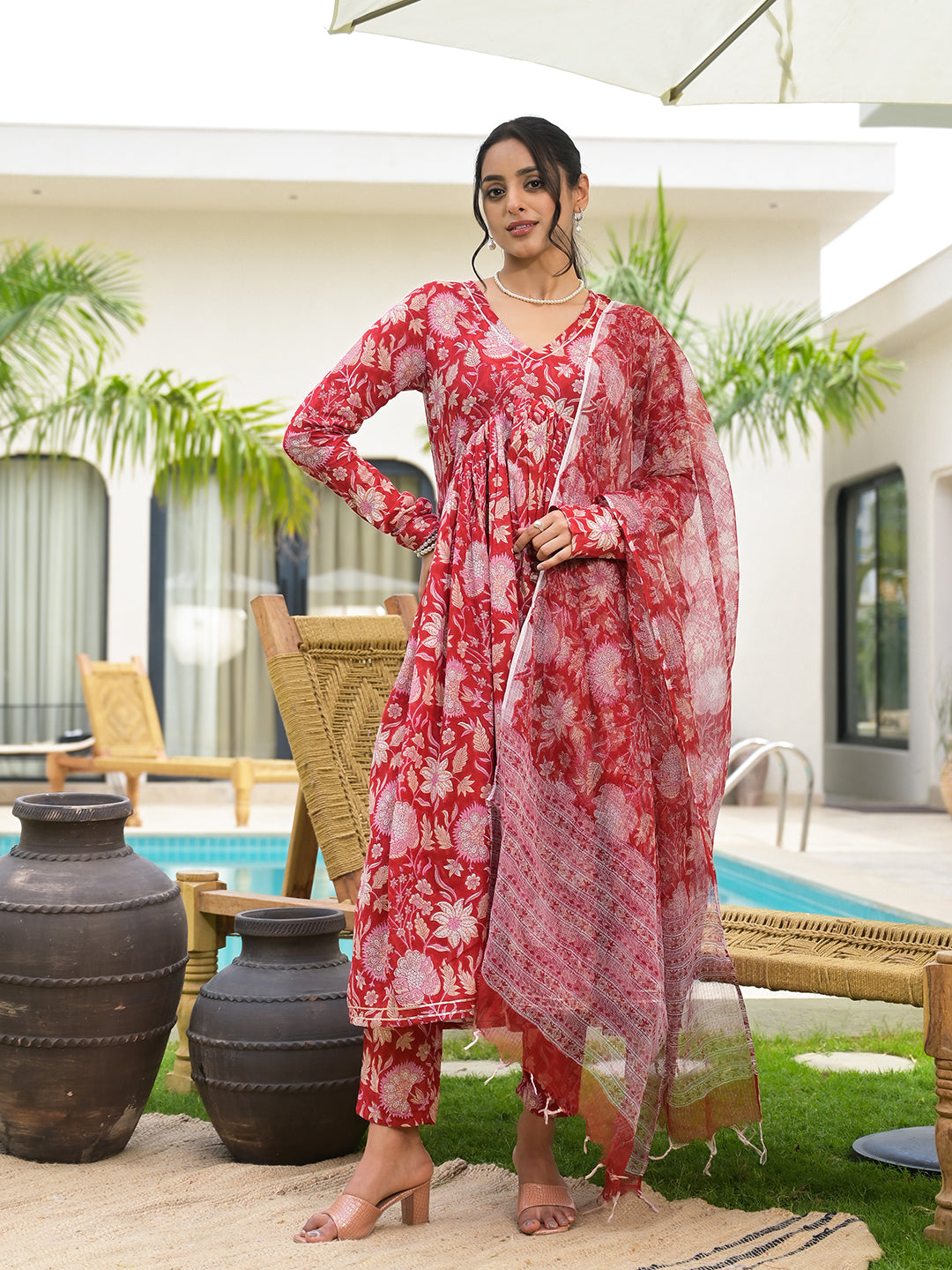 Floral Printed Red Cotton Alia Cut Kurta Set for women — view 1
