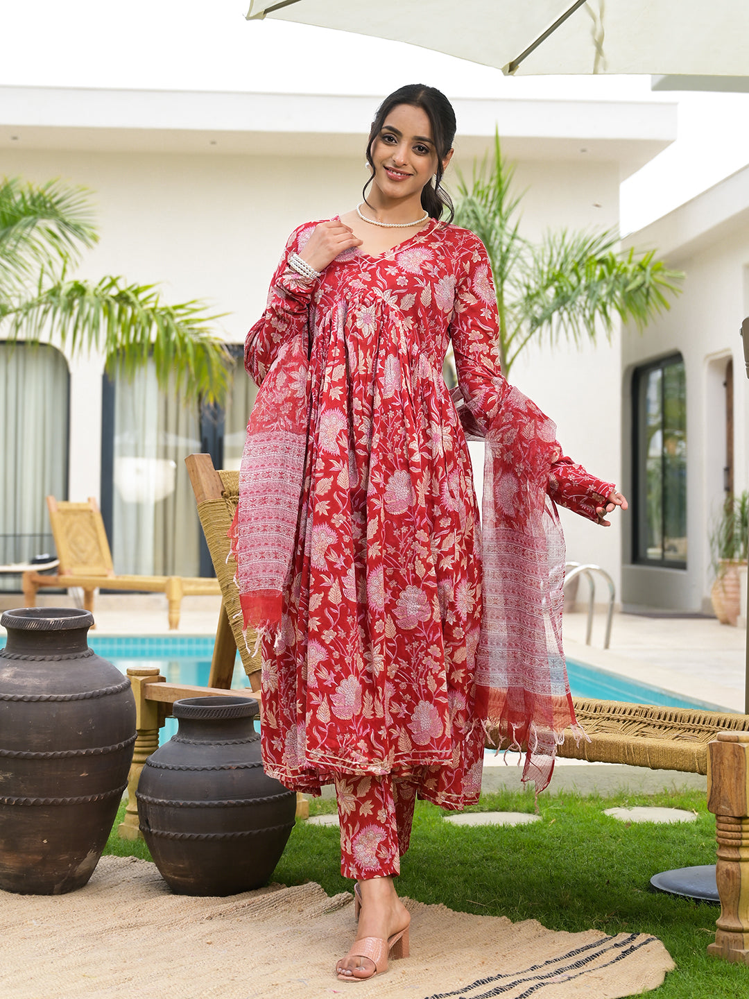 Divena Floral Printed Red Cotton Alia Cut Kurta Set for women