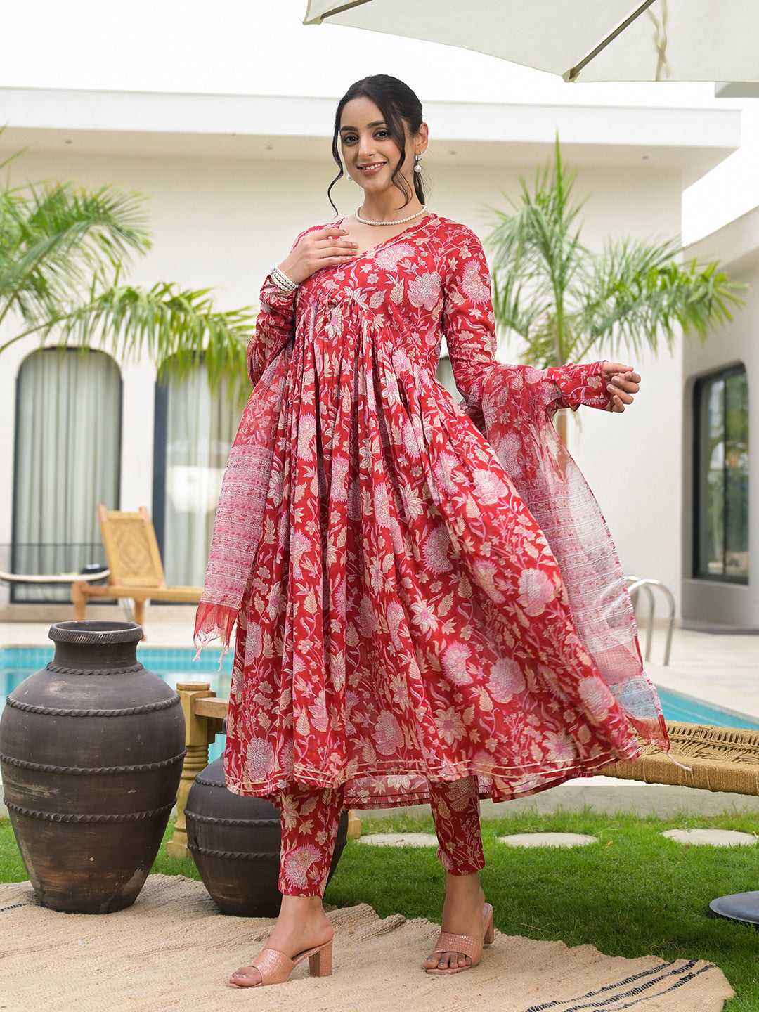 red alia cut dress Red Heavy Embroidered Alia cut kurta set
