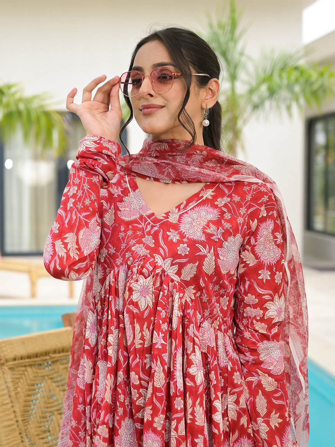 Divena Floral Printed Red Cotton Alia Cut Kurta Set for women – divena world