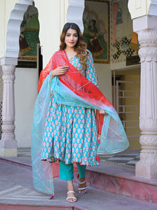 Divena Turquoise blue Floral Muslin Printed Kurta Pand with Dupatta