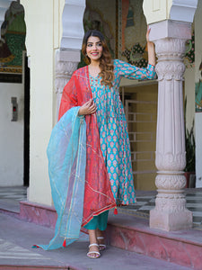 Divena Turquoise blue Floral Muslin Printed Kurta Pand with Dupatta