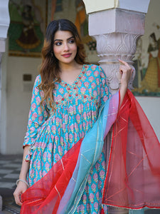 Divena Turquoise blue Floral Muslin Printed Kurta Pand with Dupatta