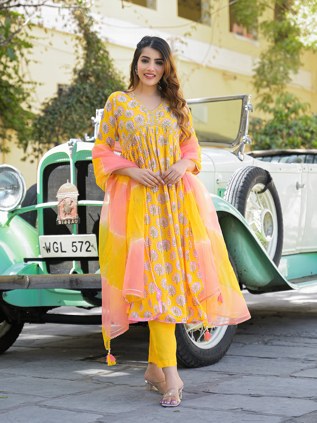 Divena Yellow Floral Print Muslin Fabric A-Line Kurta Pant With Dupatta