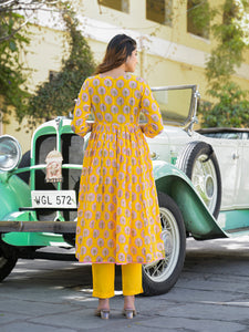 Divena Yellow Floral Print Muslin Fabric A-Line Kurta Pant With Dupatta