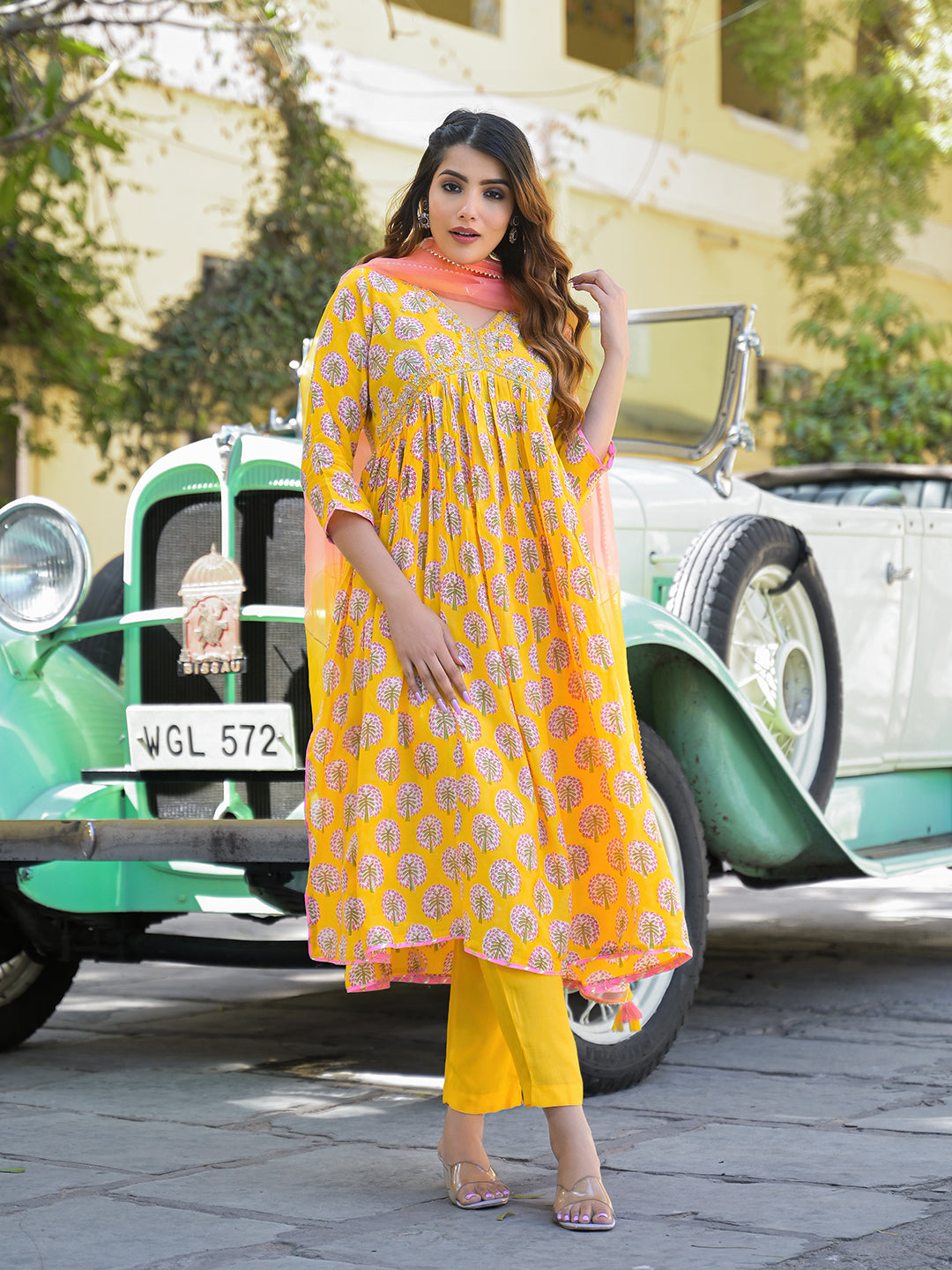 Divena Yellow Floral Print Muslin Fabric A-Line Kurta Pant With Dupatta