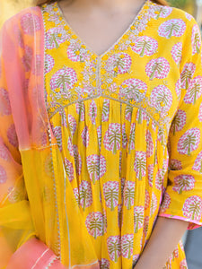 Divena Yellow Floral Print Muslin Fabric A-Line Kurta Pant With Dupatta