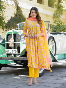 Divena Yellow Floral Print Muslin Fabric A-Line Kurta Pant With Dupatta