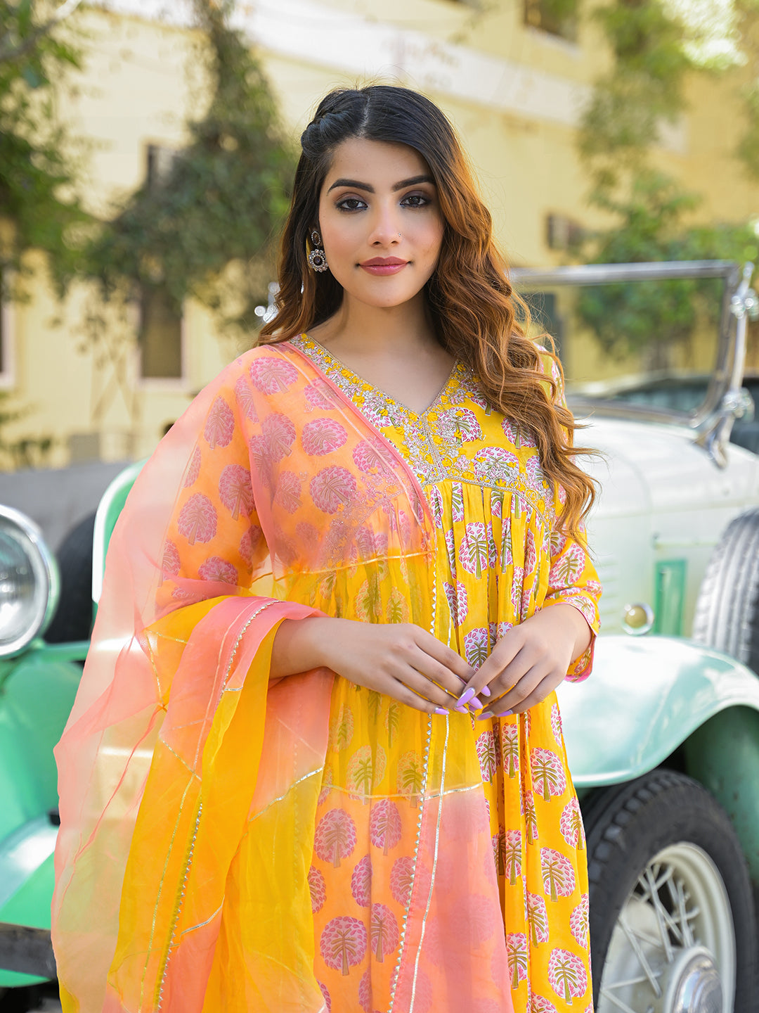 Divena Yellow Floral Print Muslin Fabric A-Line Kurta Pant With Dupatta