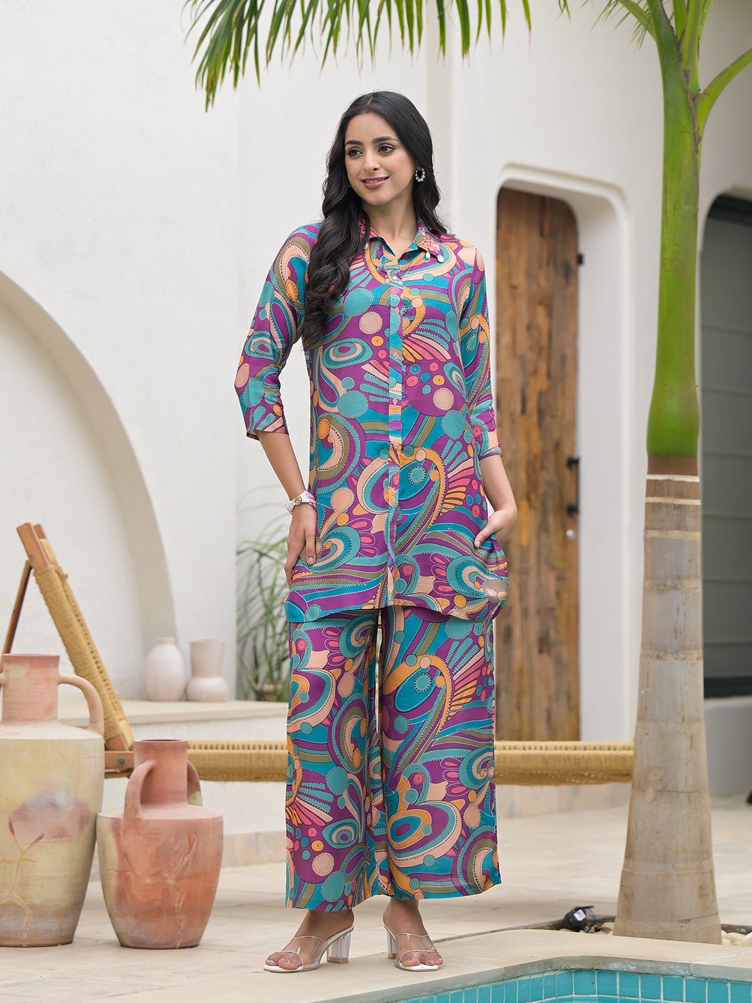 Divena Purple Multi Digital Print Muslin Co-ord set for Women