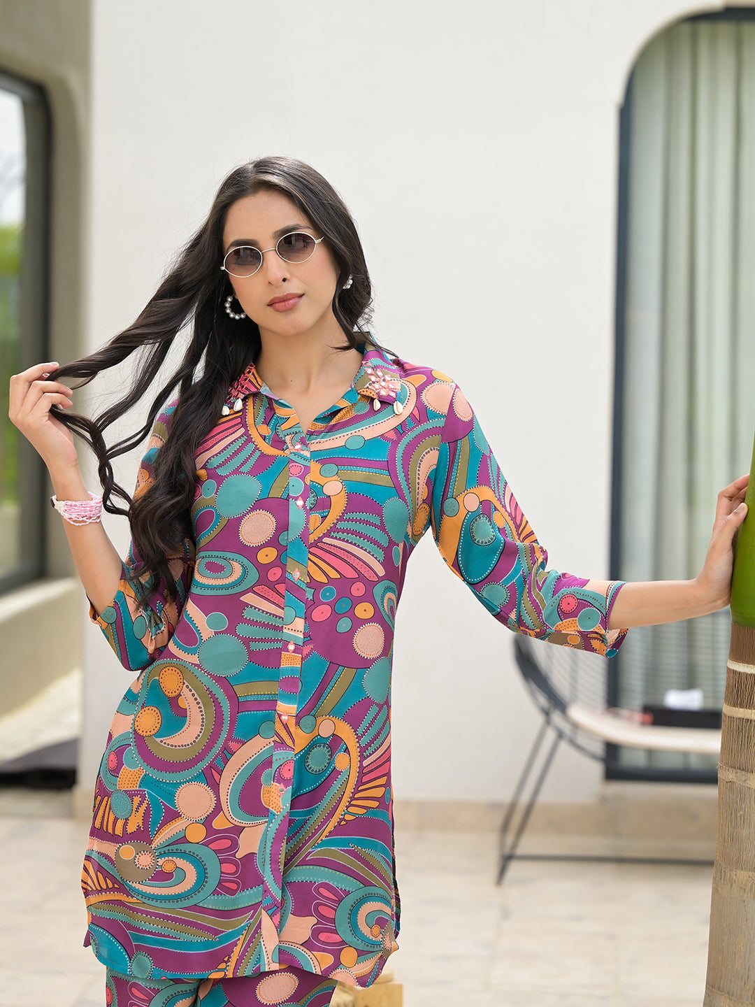 Divena Purple Multi Digital Print Muslin Co-ord set for Women