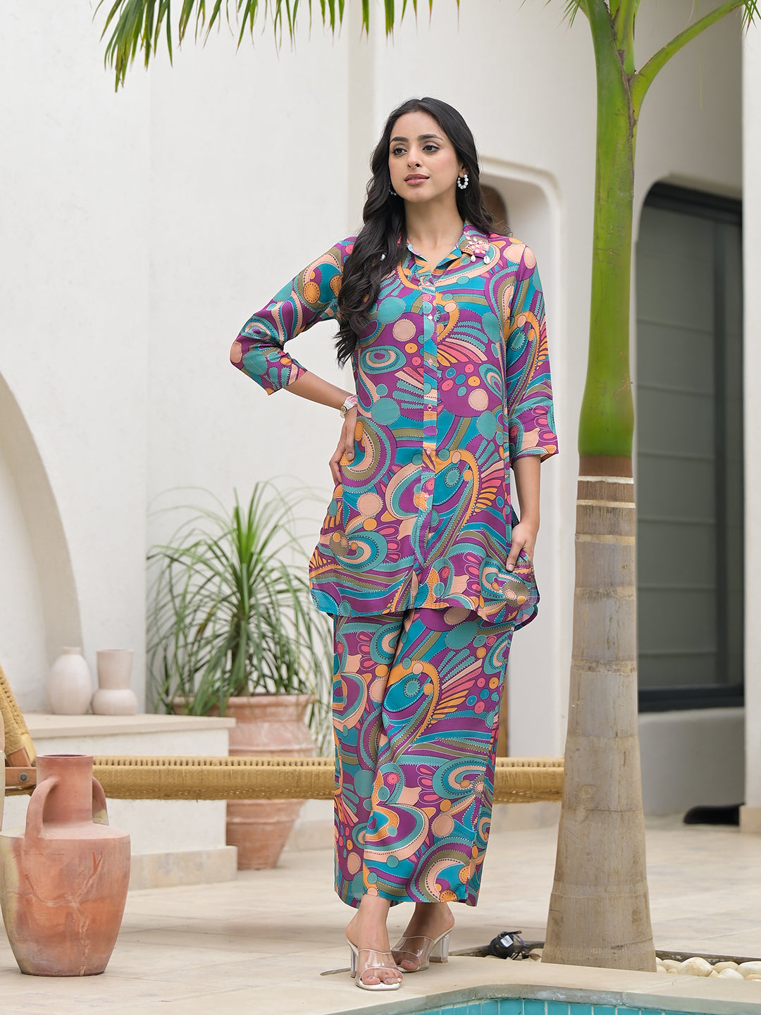 Divena Purple Multi Digital Print Muslin Co-ord set for Women