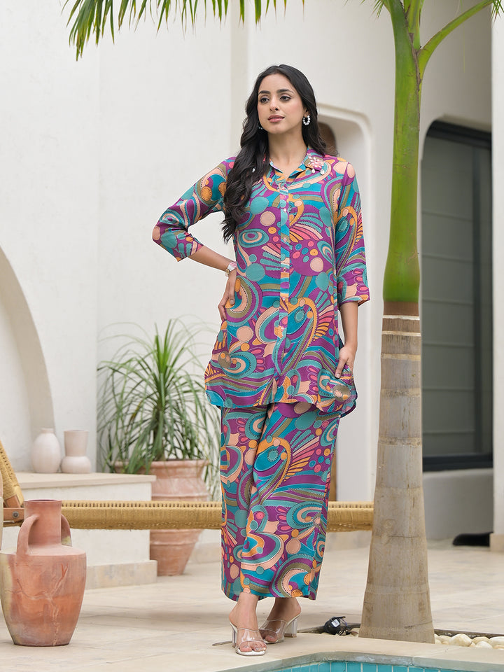 Divena Purple Multi Digital Print Muslin Co-ord set for Women