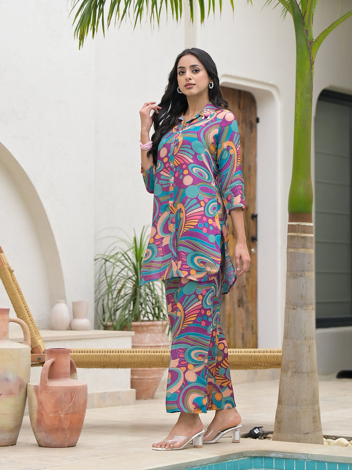 Divena Purple Multi Digital Print Muslin Co-ord set for Women
